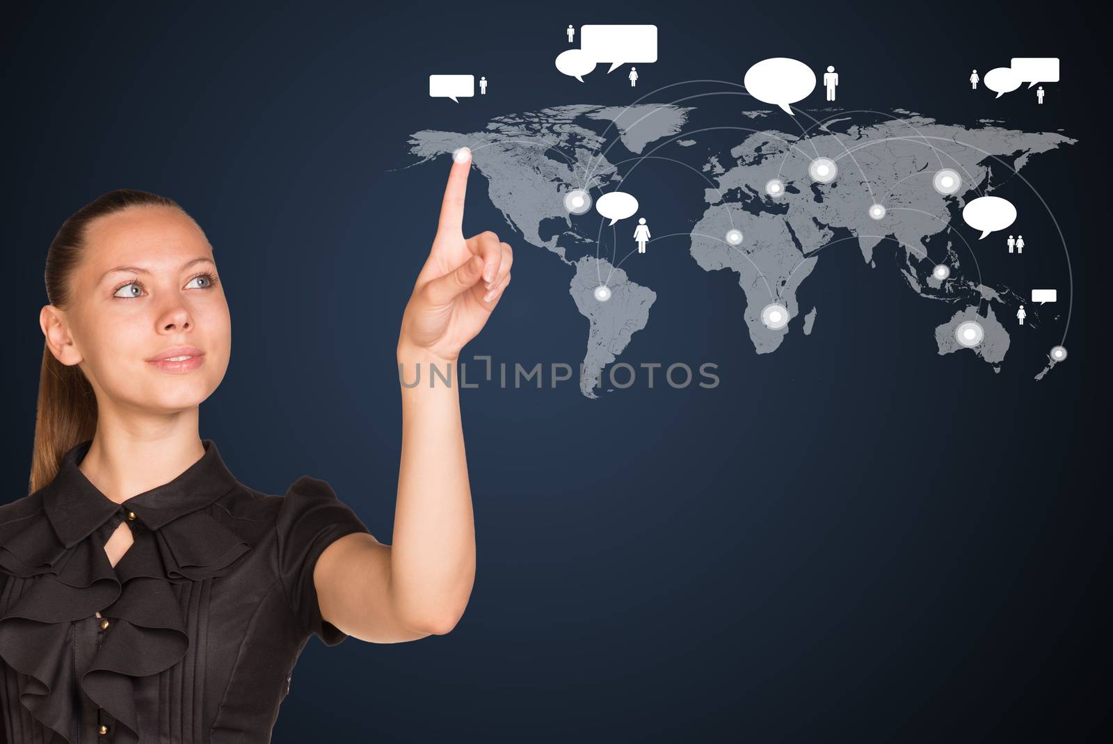 Businesswoman point finger at world map by cherezoff