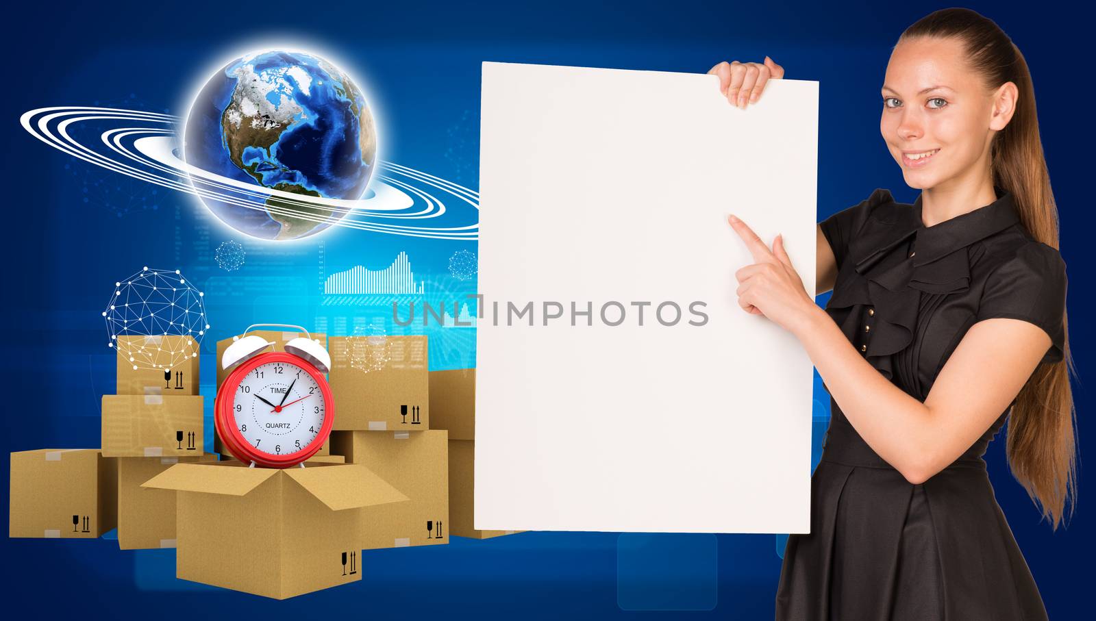 Businesswoman hold paper sheet. Earth and heap of cardboard boxes with alarm clock as backdrop. Element of this image furnished by NASA