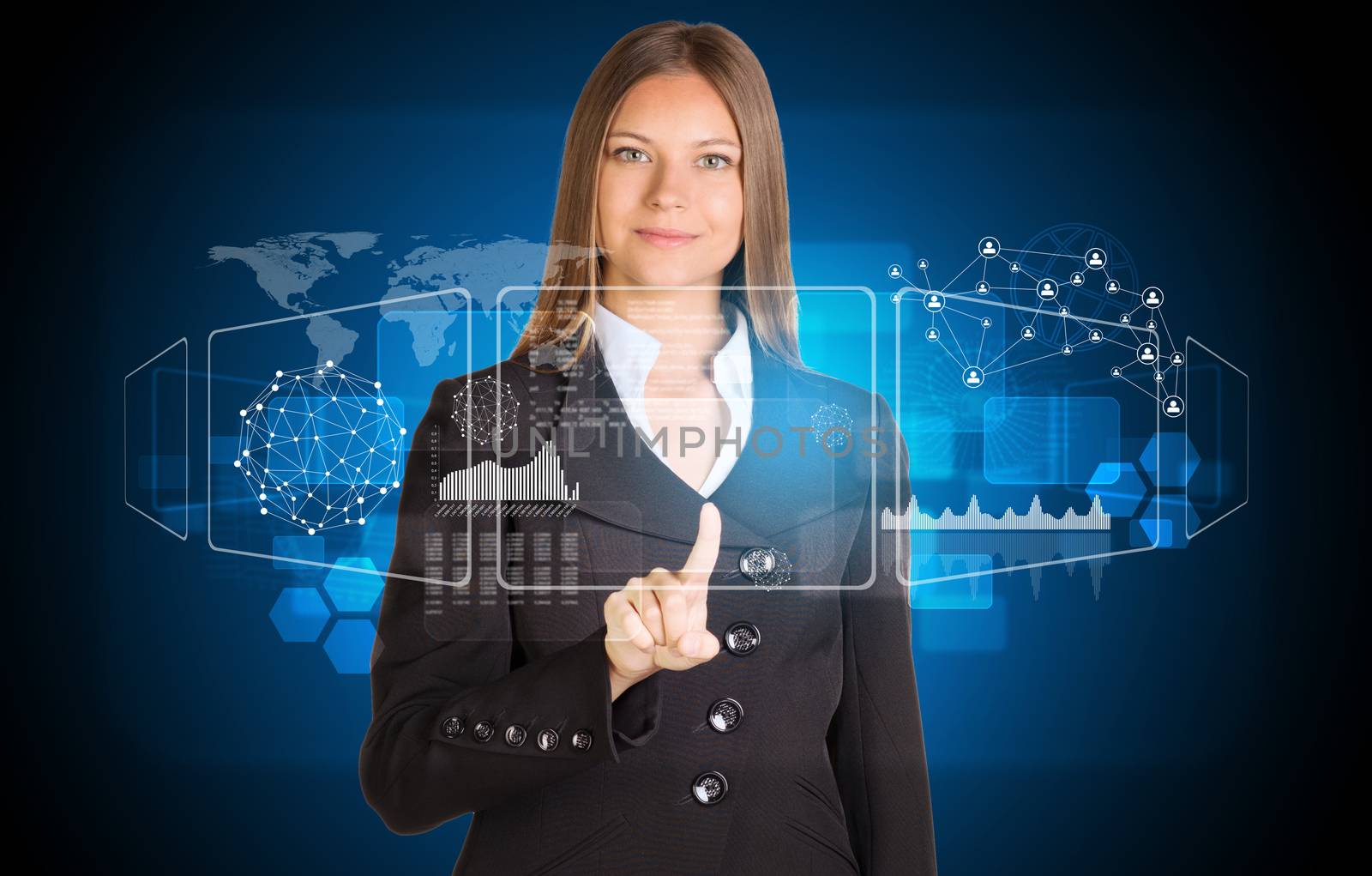 Beautiful businesswoman in suit pointing finger on virtual plane. World map and graphs in background