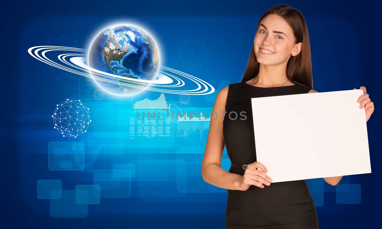 Businesswoman hold paper sheet. Earth and graphs by cherezoff