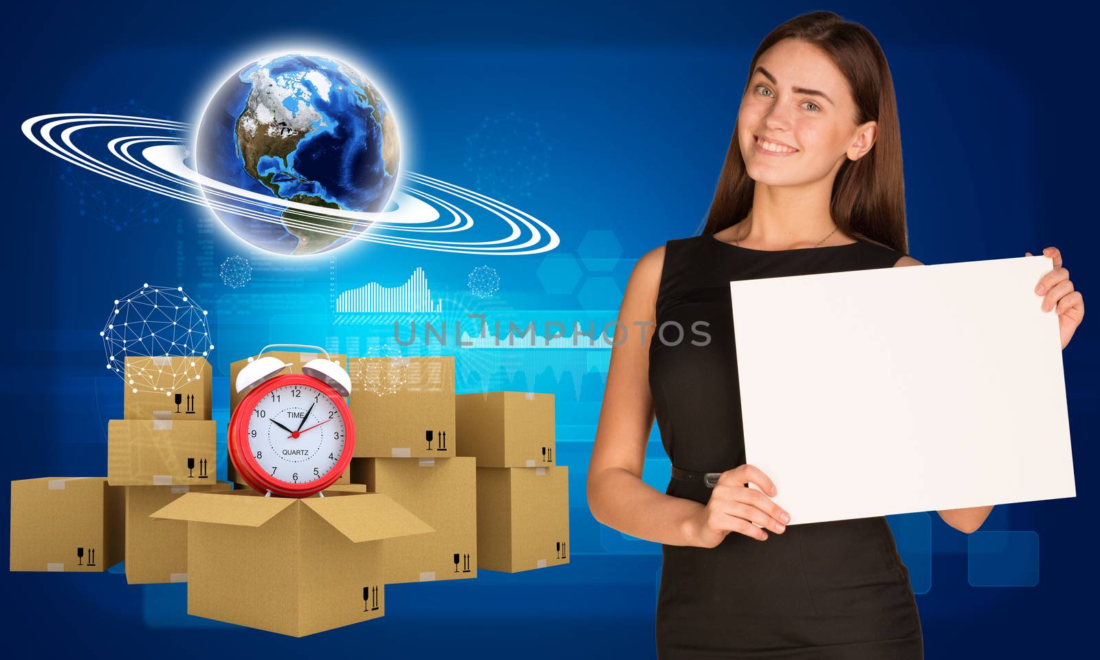 Businesswoman hold paper sheet. Earth and heap of cardboard boxes with alarm clock as backdrop. Element of this image furnished by NASA