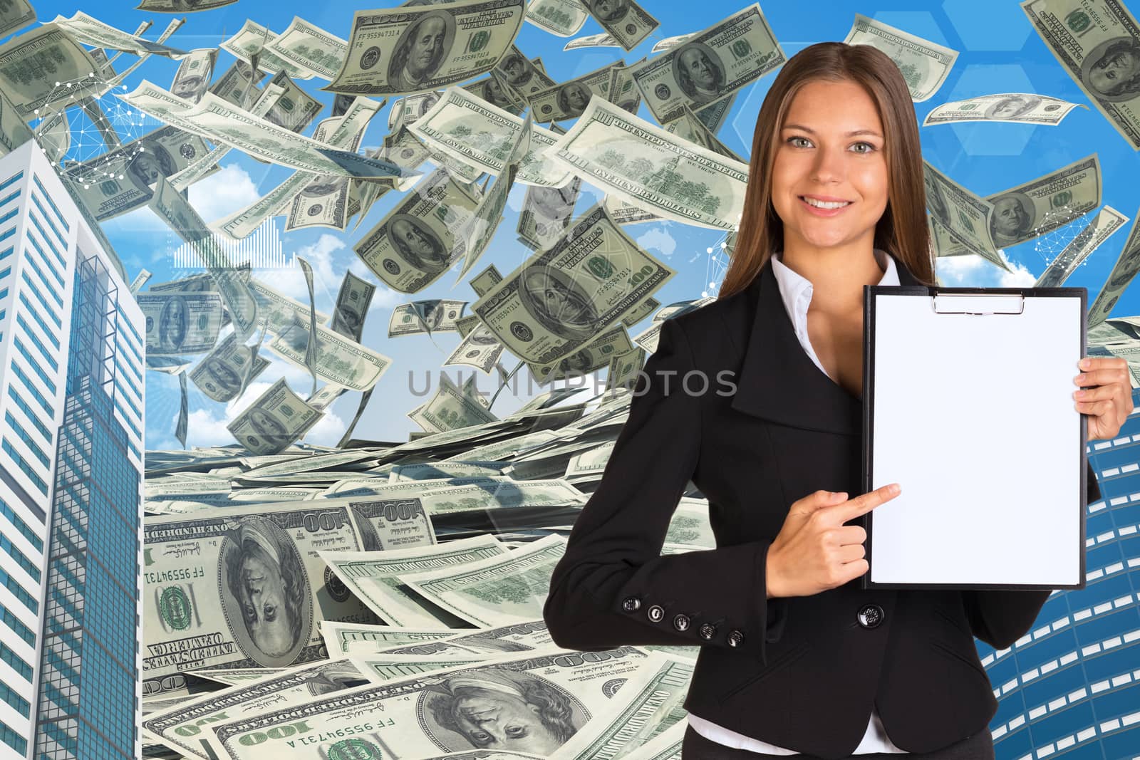 Bisinesswoman hold paper holder. Buildings and money. Dollars falling from the sky