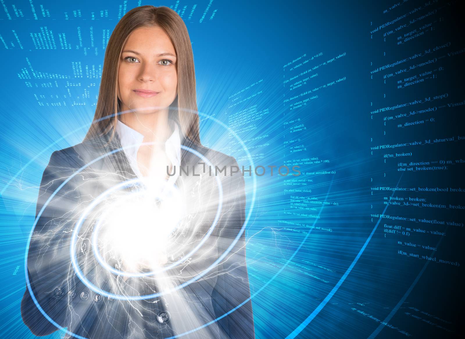 Businesswoman pointing her finger on glowing spiral by cherezoff