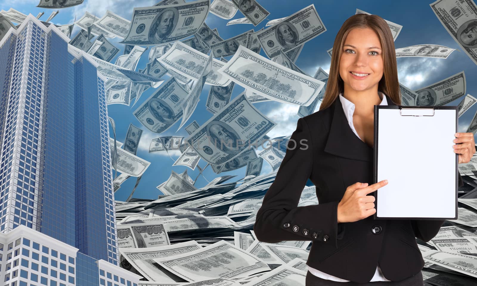 Bisinesswoman hold paper holder. Buildings and money. Dollars falling from the sky