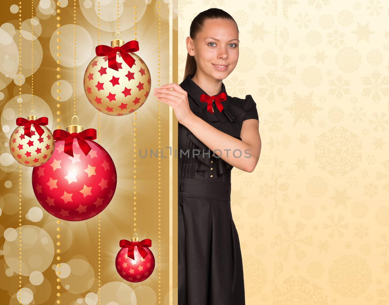 Businesswoman and christmas tree balls. Christmas background