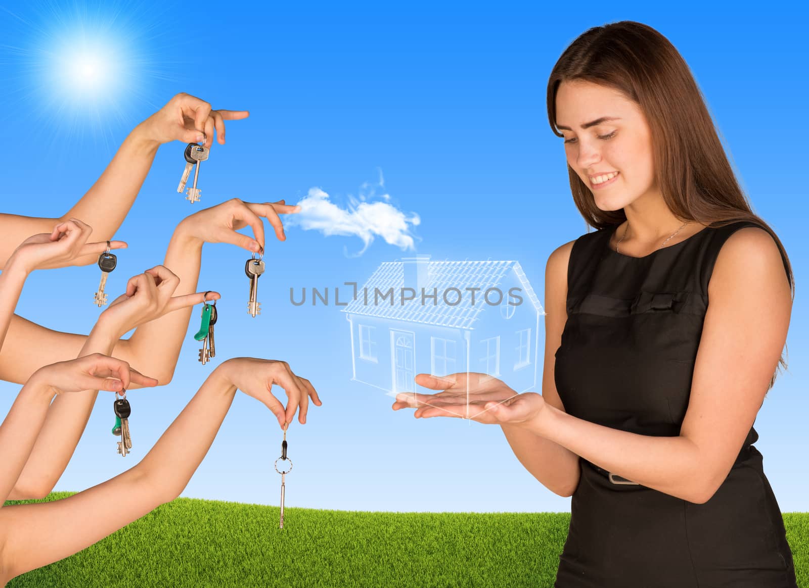 Beautiful smiling girl holding house from the air. Many hands are given keys. Grass and sky in background