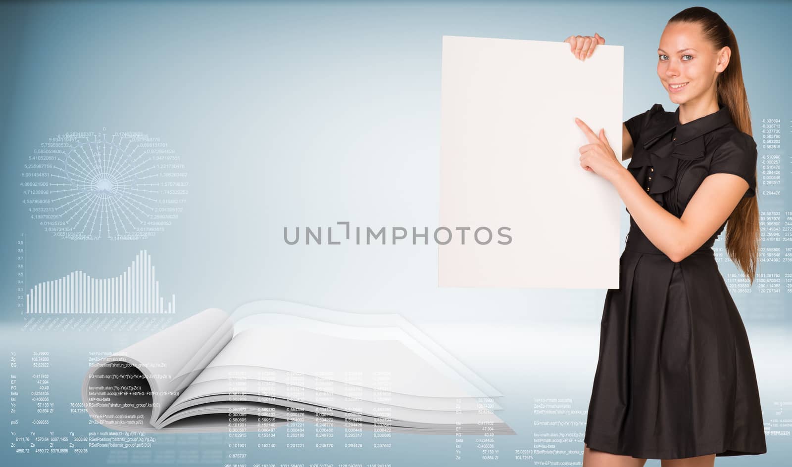 Businesswoman holding empty paper. Open book, graphs with text rows as backdrop