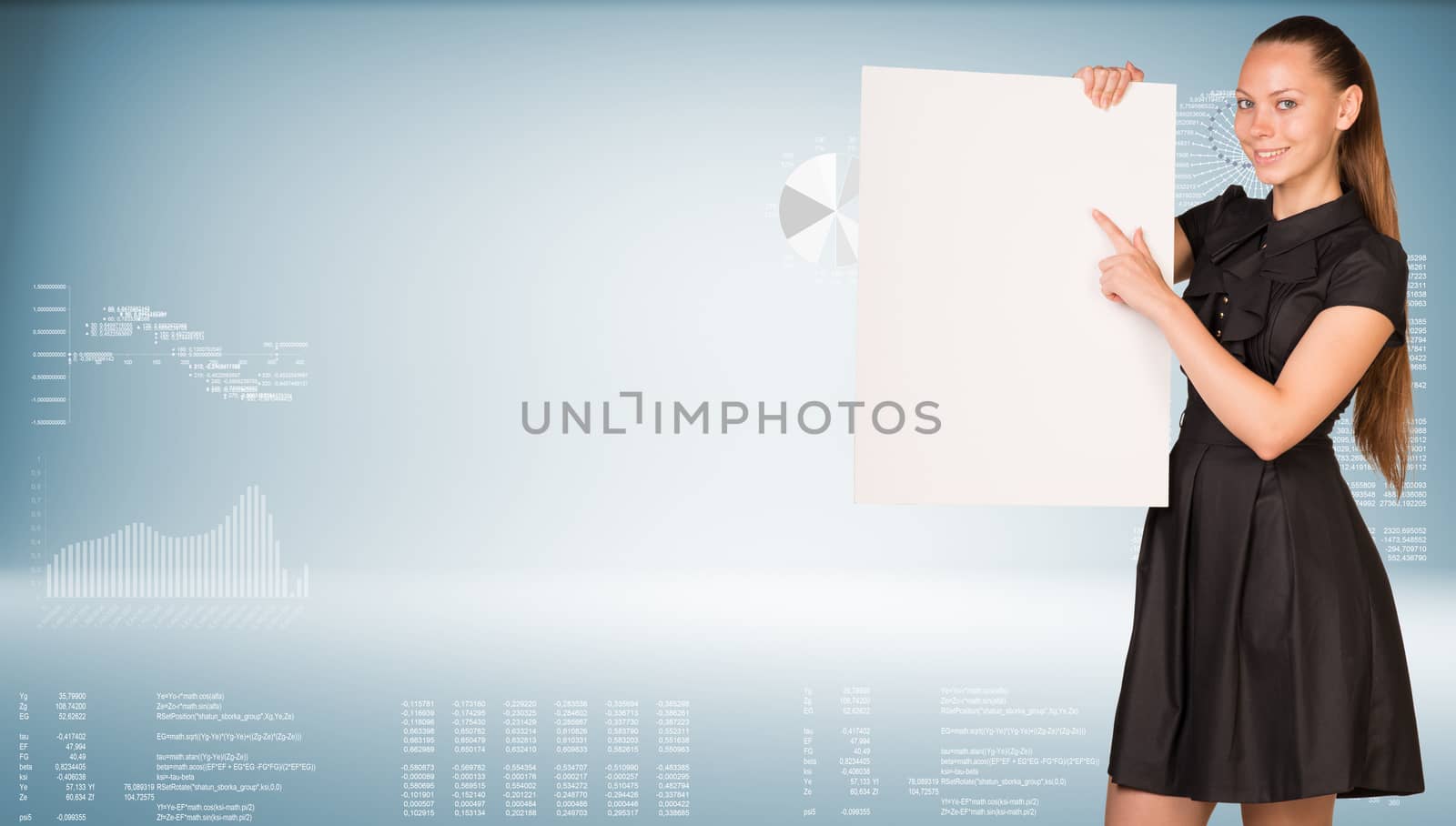 Businesswoman holding empty paper. Graphs with text rows as backdrop