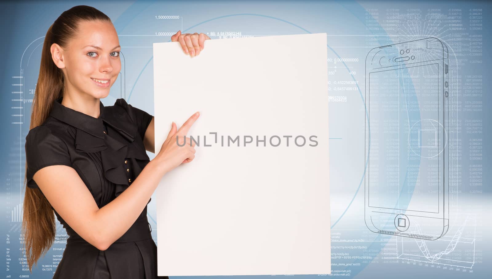 Businesswoman holding empty paper. Graphs with text rows as backdrop