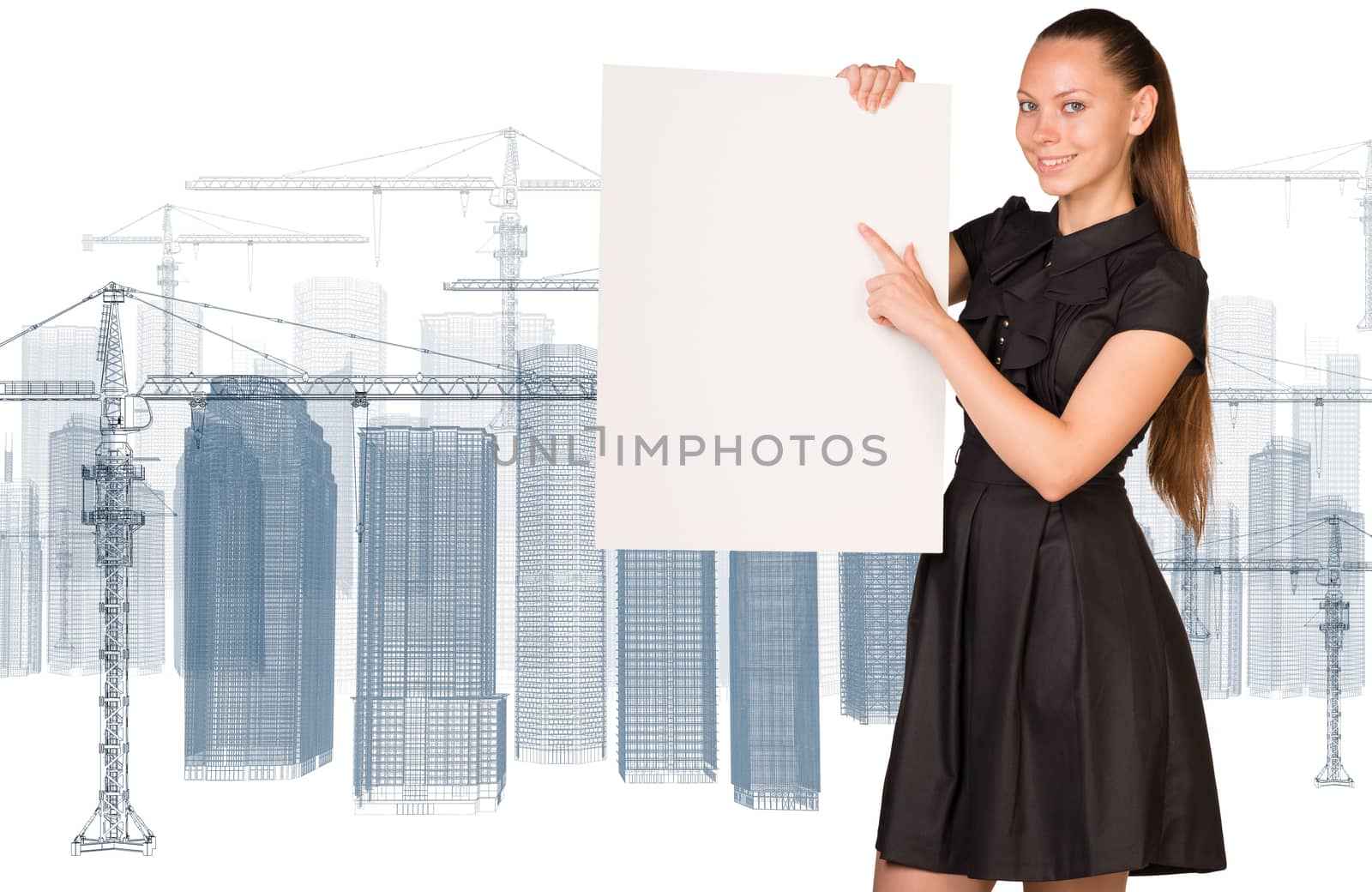 Businesswoman holding empty paper. Construction site with tower cranes as backdrop