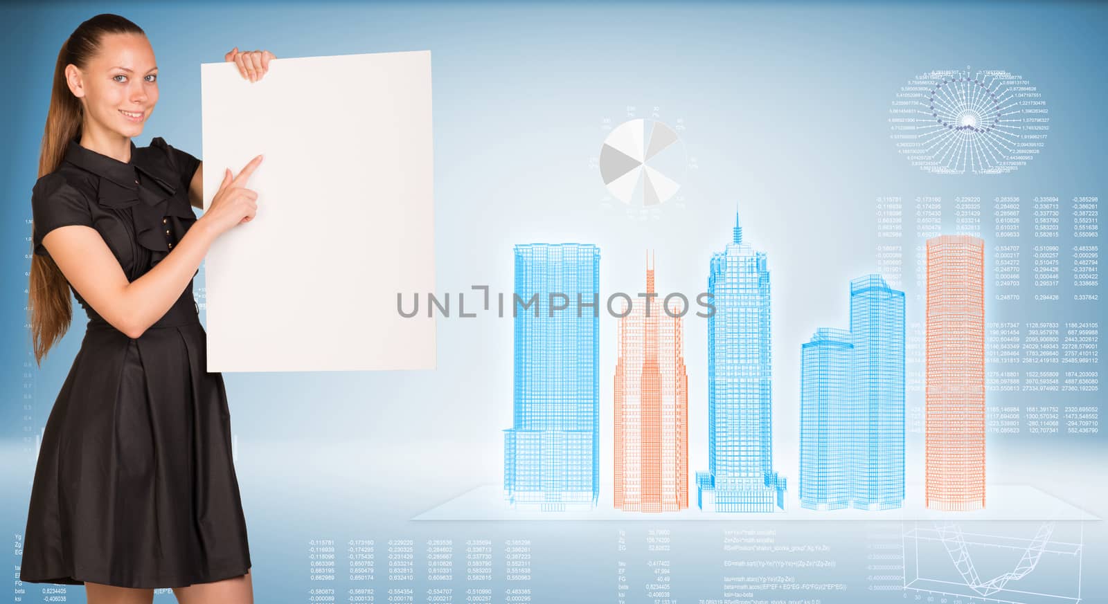 Businesswoman holding empty paper. Wire-frame buildings, graphs with text rows as backdrop