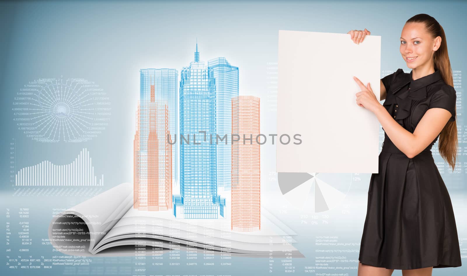 Businesswoman holding empty paper. Wire-frame buildings, open book and graphs by cherezoff