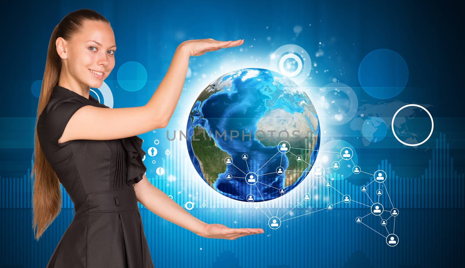 Beautiful businesswoman holding Earth. Network in background. Elements of this image furnished by NASA