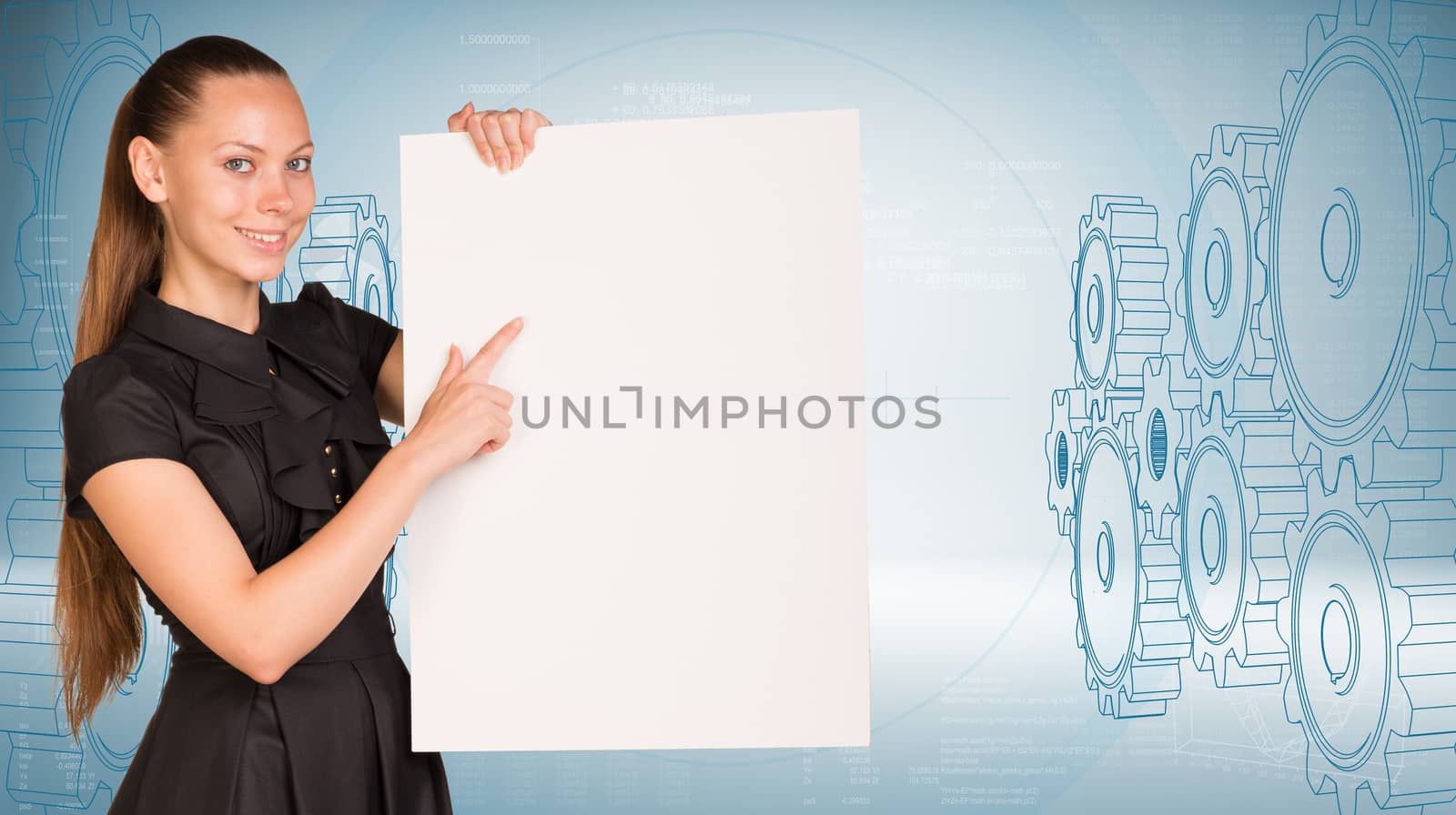 Businesswoman holding empty paper. Wire-frame gears, graphs with text rows as backdrop