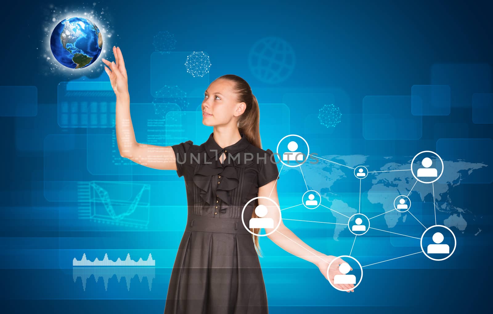 Beautiful businesswoman in dress pointing finger on network with people icons and Earth. Graphs in background. Elements of this image furnished by NASA