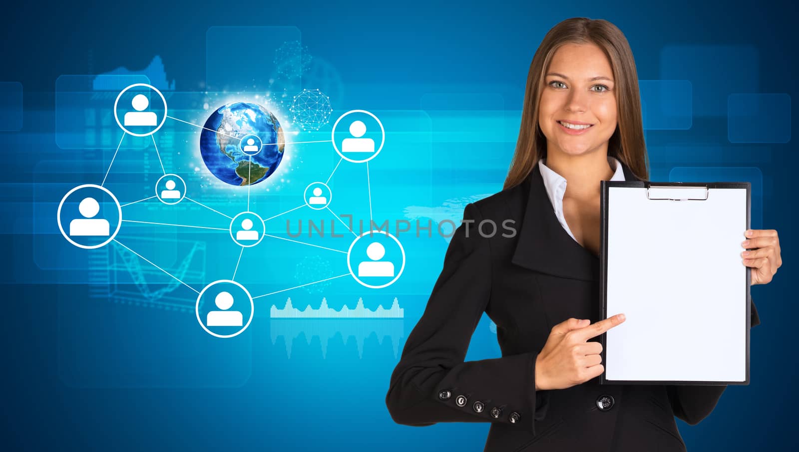 Beautiful businesswoman in suit holding paper holder. Earth and network in background. Elements of this image furnished by NASA