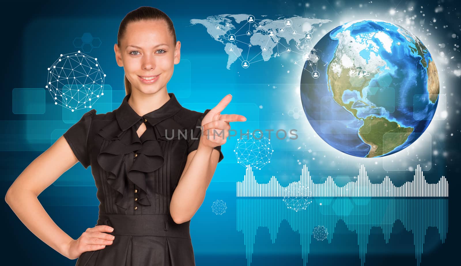 Woman pointing finger at camera. Network with people icons, Earth and graphs by cherezoff