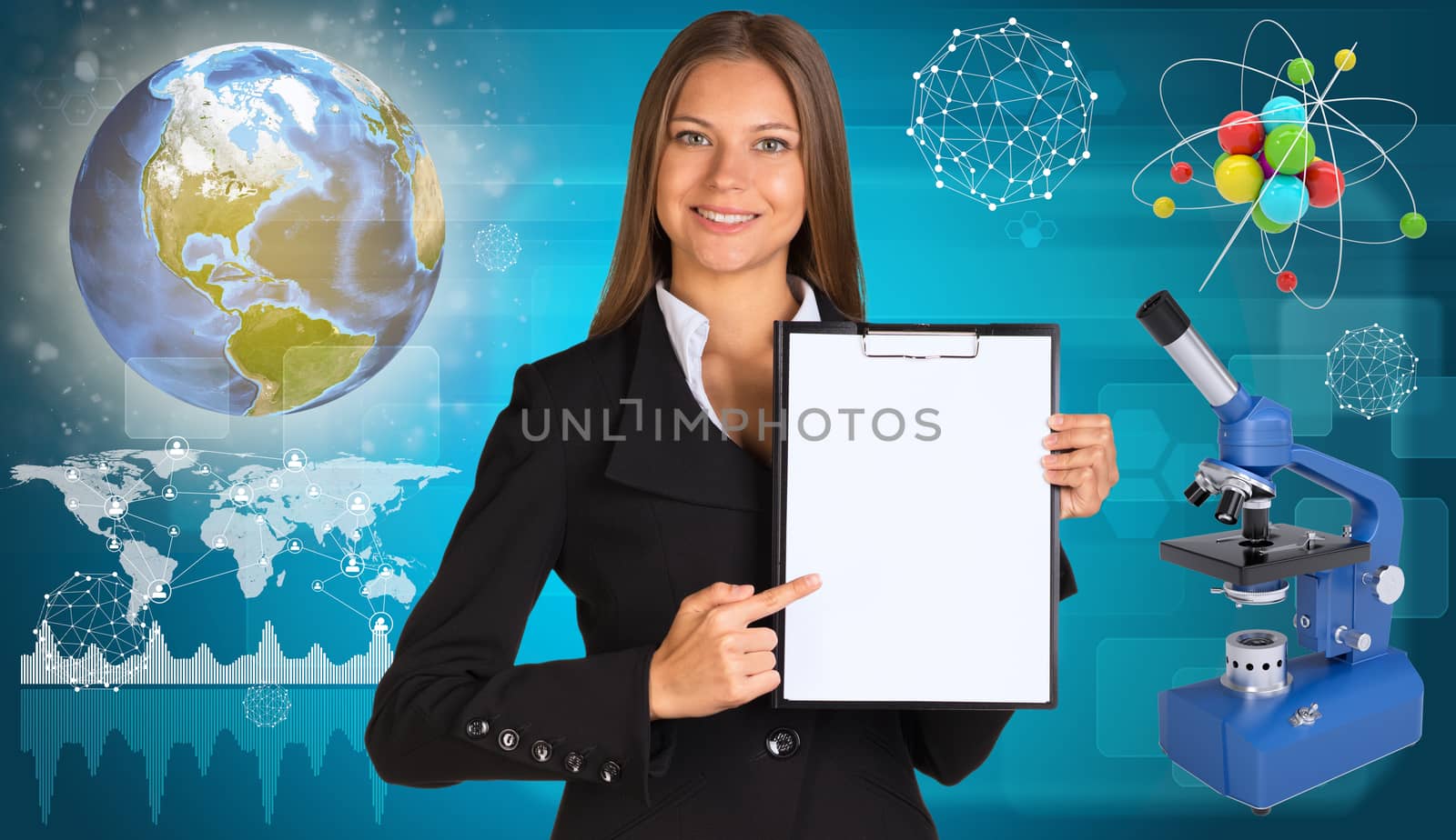 Beautiful businesswoman holding paper holder. Earth, microscope and molecule model by cherezoff