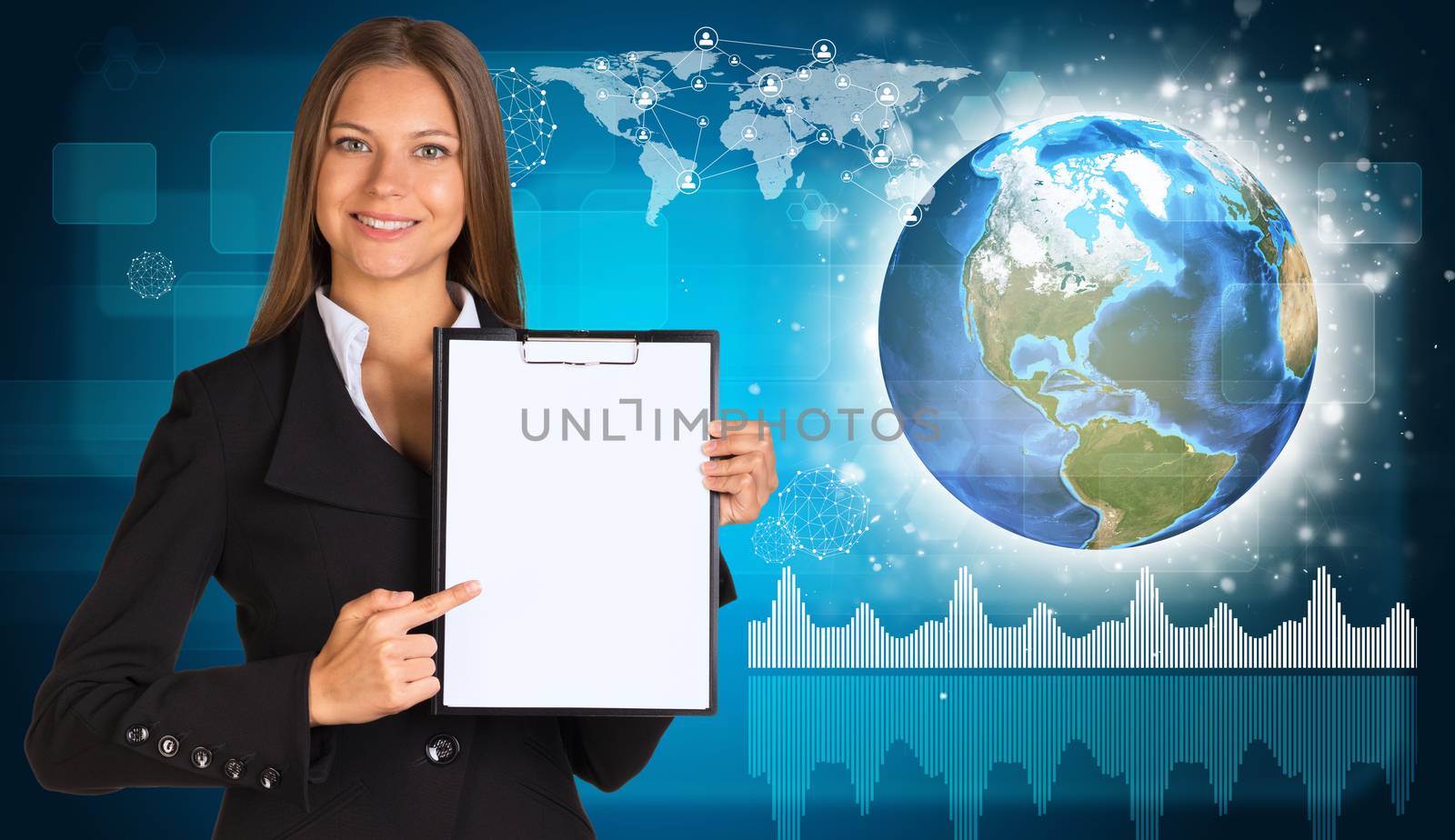 Beautiful businesswoman in suit holding paper holder. Network with people icons, Earth and graphs by cherezoff