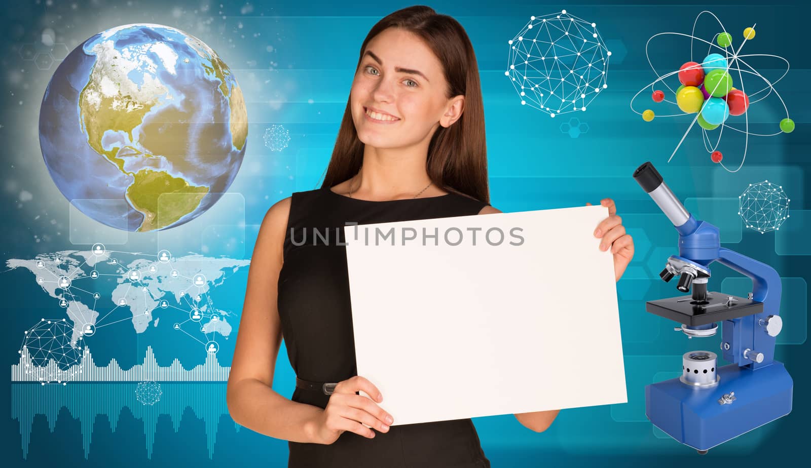 Beautiful businesswoman in dress holding paper holder. Earth, microscope and molecule model in background. Elements of this image furnished by NASA