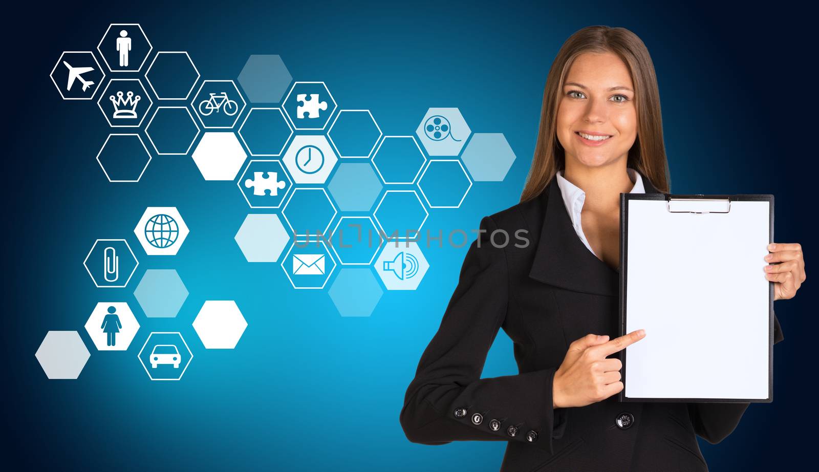 Beautiful businesswoman in suit holding paper holder. Hexagons with icons in background