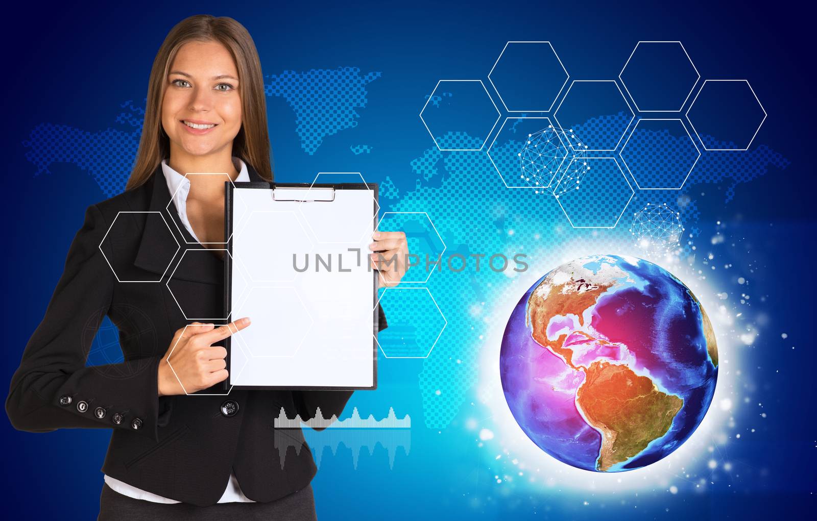 Beautiful businesswoman in suit holding paper holder. World map, Earth and hexagons by cherezoff
