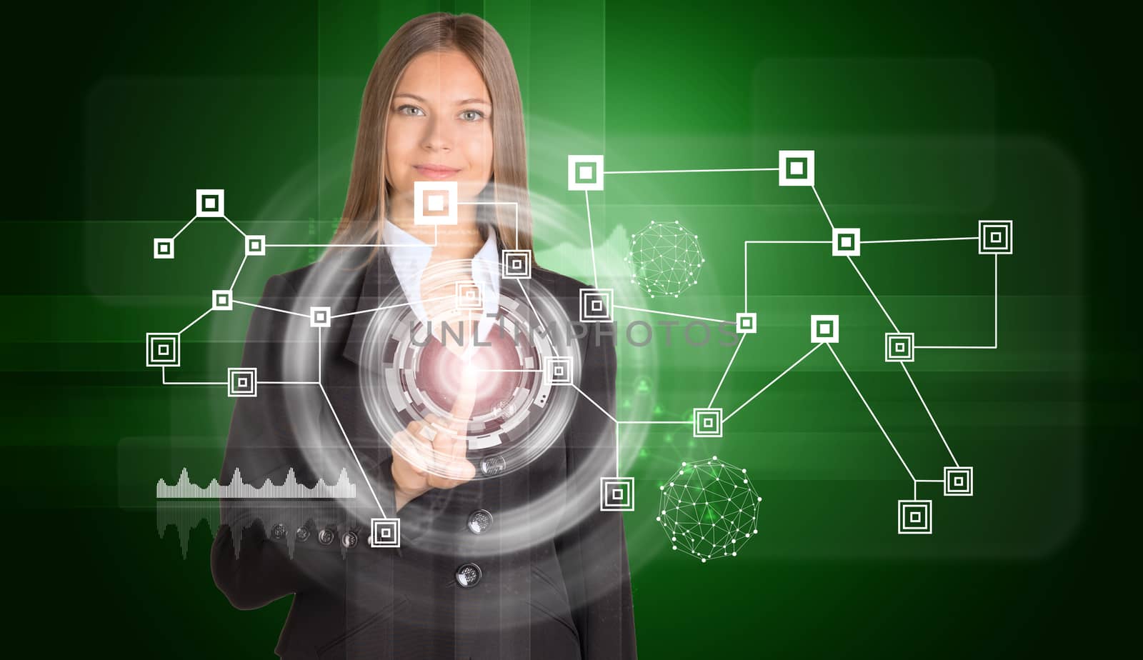 Beautiful businesswoman in suit presses finger on virtual icon. Network with circles. Technology concept