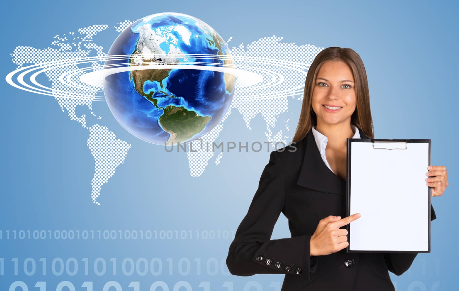 Beautiful businesswoman in suit holding paper holder. Earth with world map in background. Elements of this image furnished by NASA