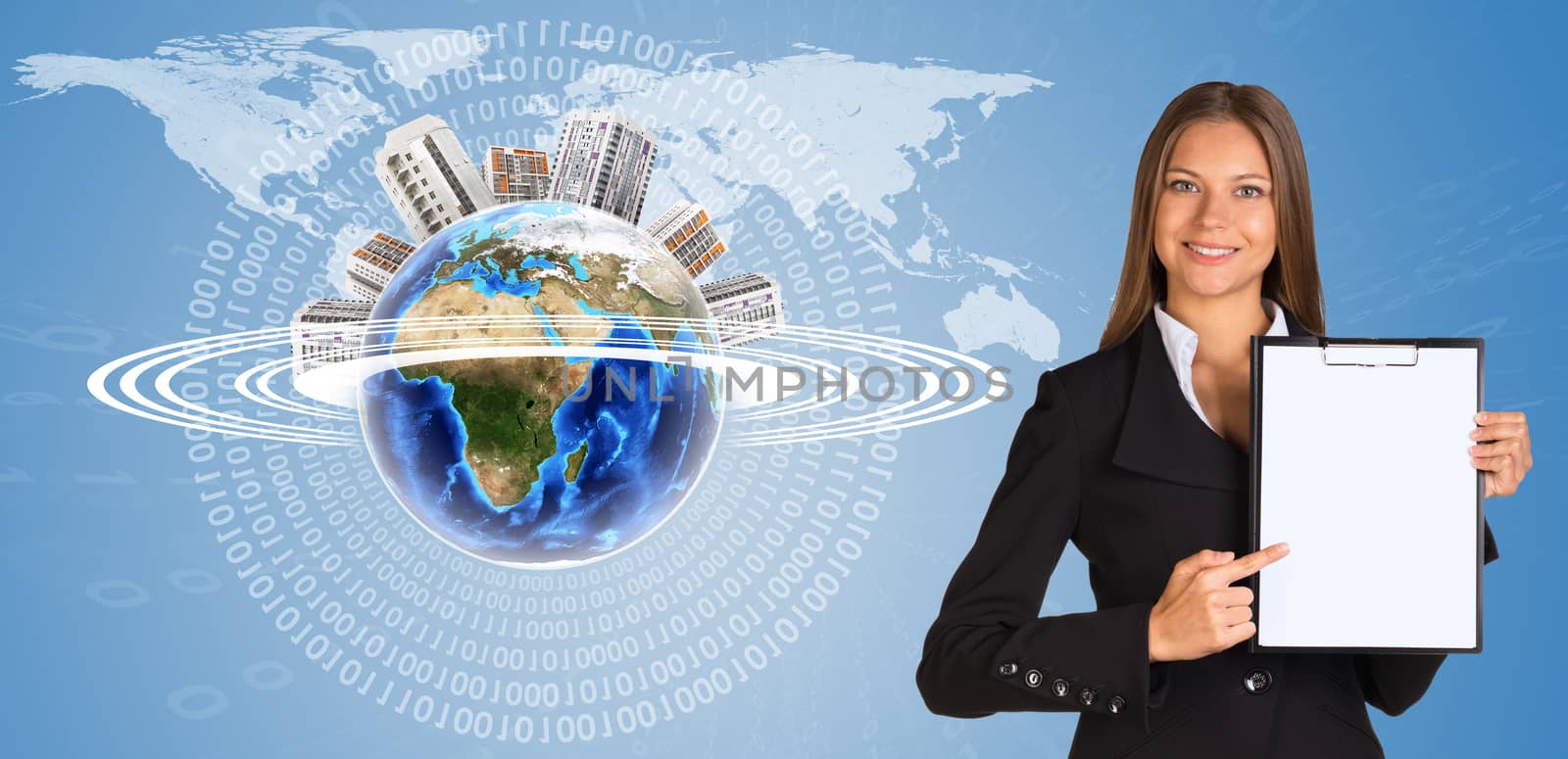 Beautiful businesswoman in suit holding paper holder. Earth with buildings and figures in background. Elements of this image furnished by NASA