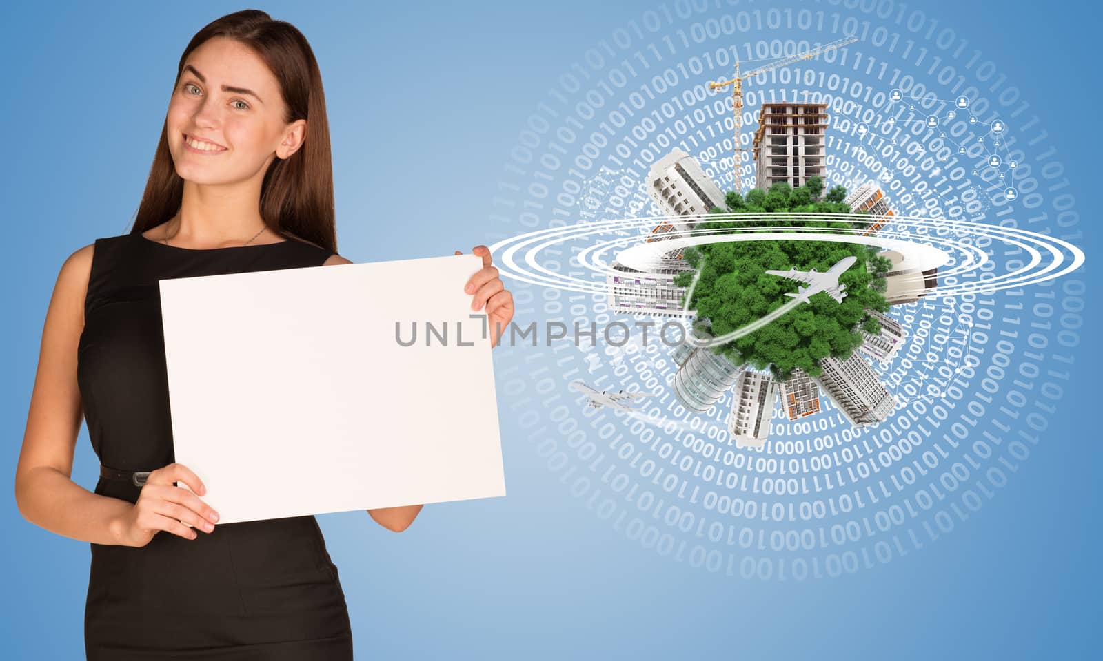 Beautiful businesswoman in dress holding paper holder. Earth with buildings and figures in background