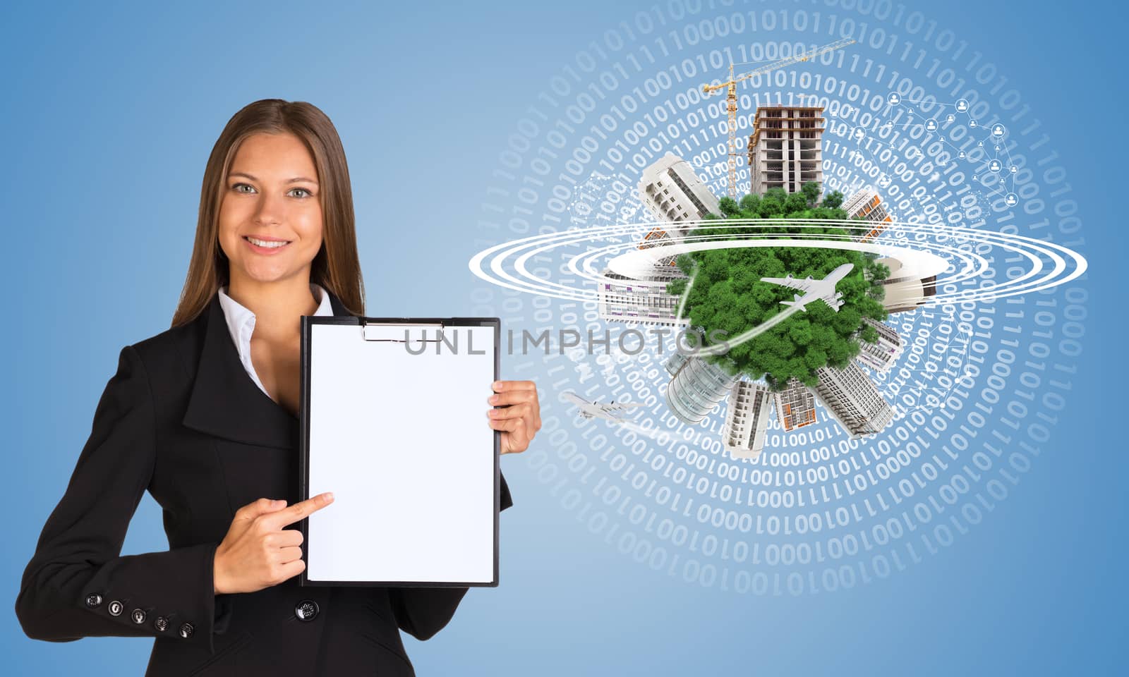 Beautiful businesswoman in suit holding paper holder. Earth with buildings and figures in background
