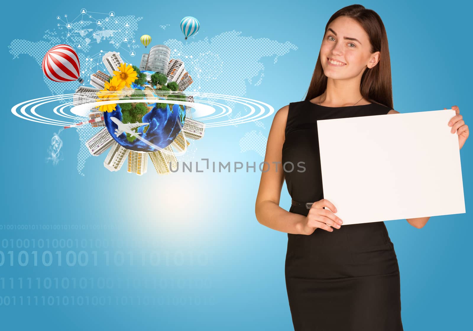 Beautiful businesswoman in dress holding paper holder. Earth with buildings and figures in background. Elements of this image furnished by NASA