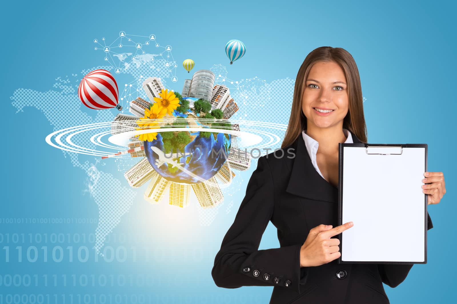 Beautiful businesswoman holding paper holder. Earth with buildings and figures by cherezoff