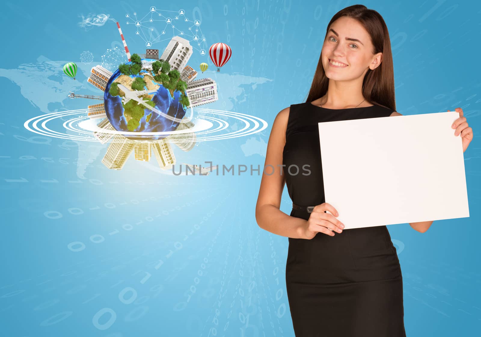 Beautiful businesswoman holding paper holder. Earth with buildings and figures by cherezoff