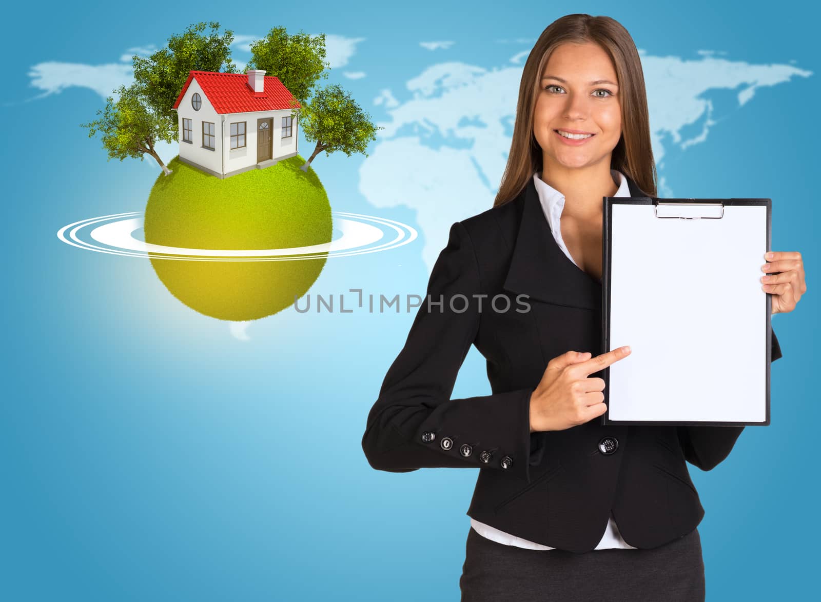 Beautiful businesswoman in suit holding paper holder. Earth with house and trees in background