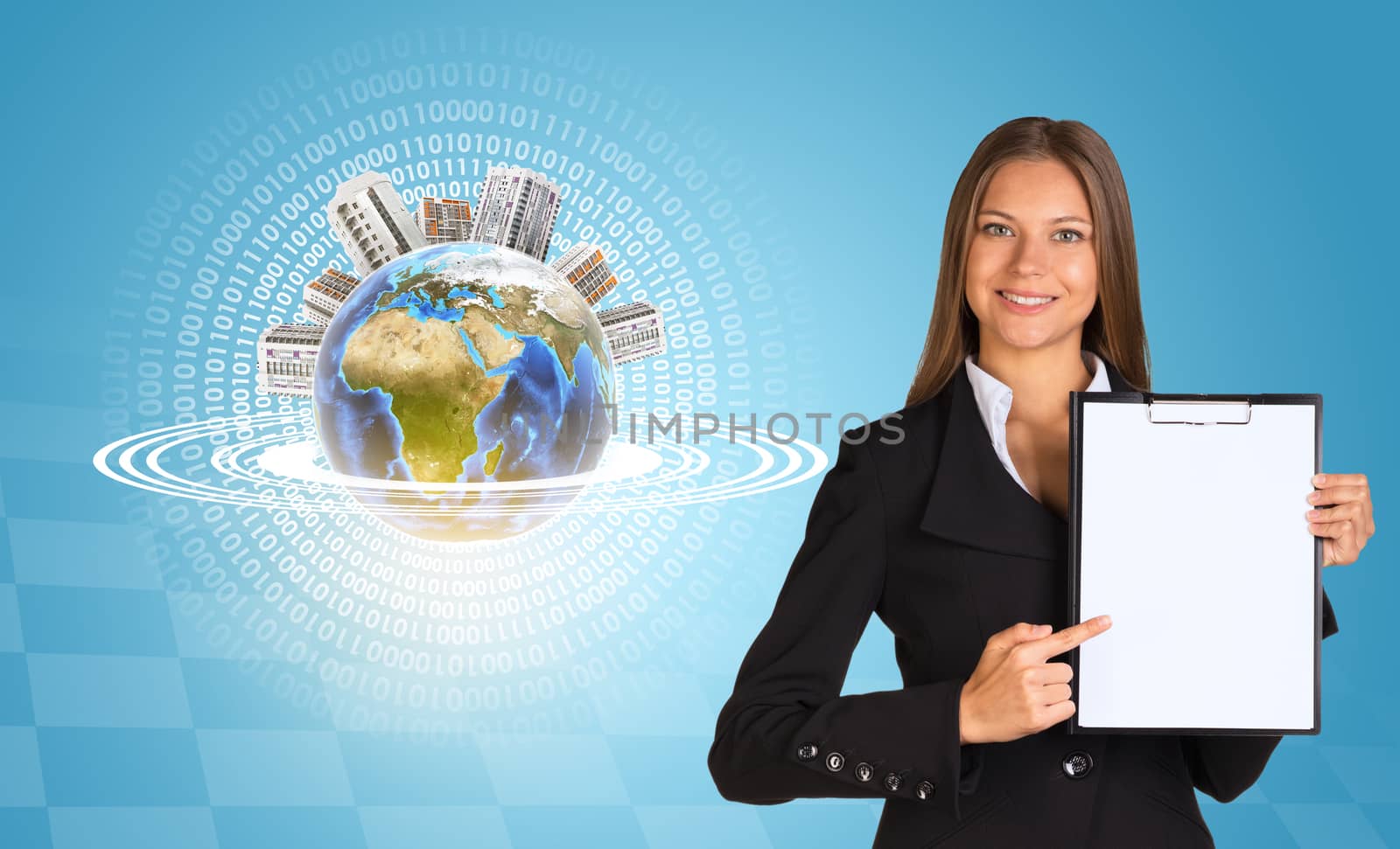 Beautiful businesswoman in suit holding paper holder. Earth with buildings and figures in background. Elements of this image furnished by NASA