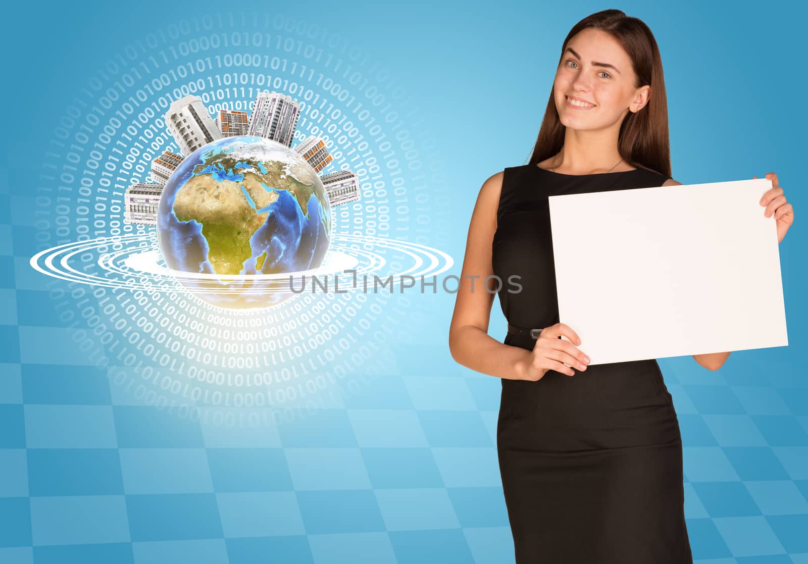 Beautiful businesswoman in dress holding paper holder. Earth with buildings and figures in background. Elements of this image furnished by NASA