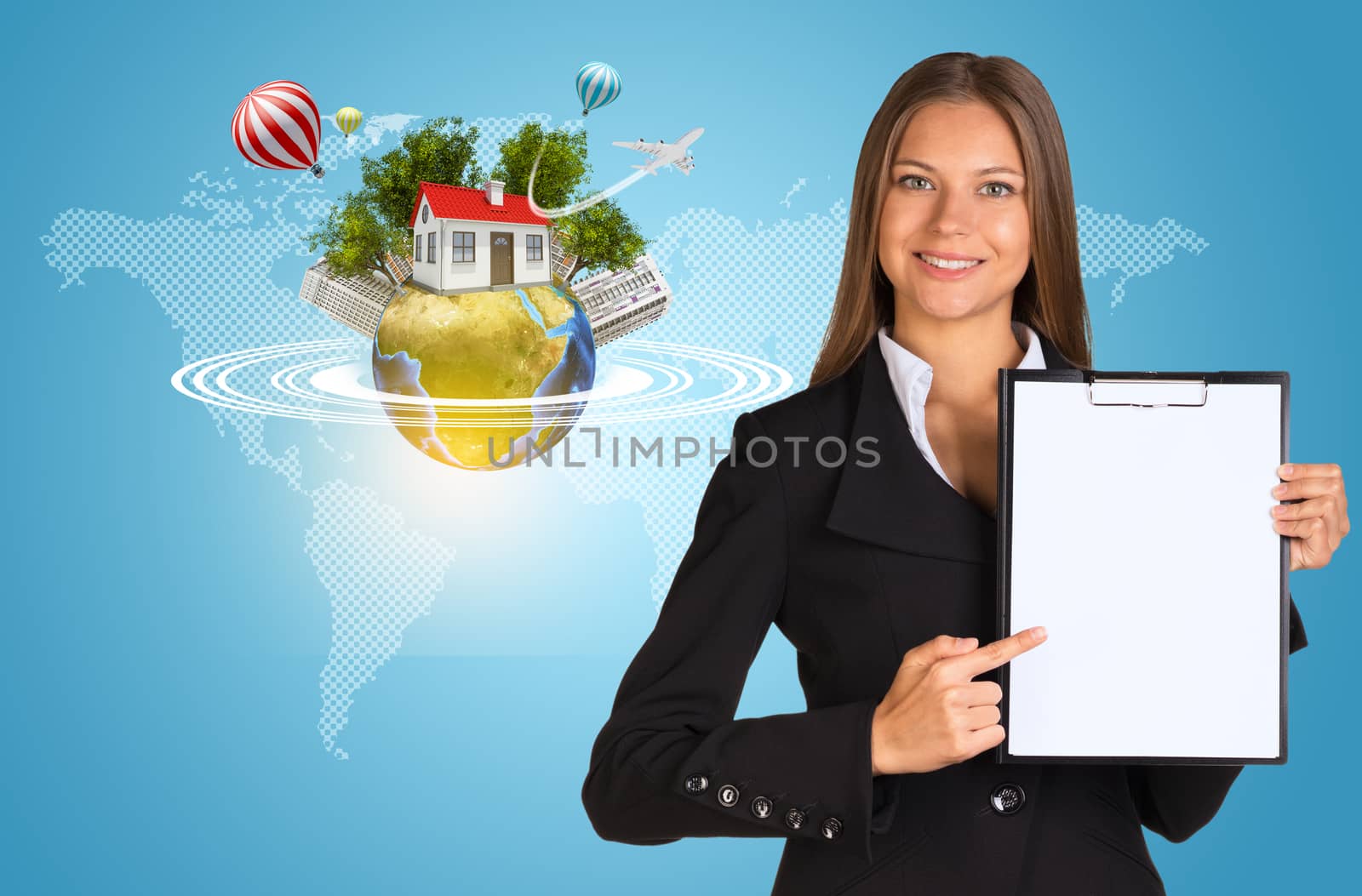 Beautiful businesswoman in suit holding paper holder. Earth with buildings and trees in background. Elements of this image furnished by NASA