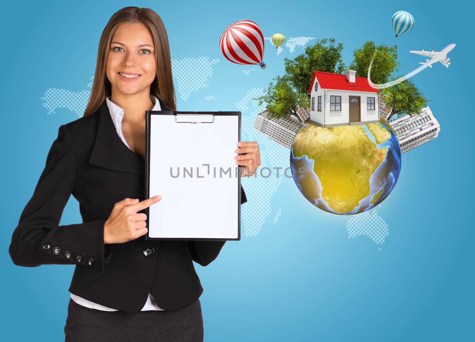 Beautiful businesswoman holding paper holder. Earth with buildings and trees by cherezoff