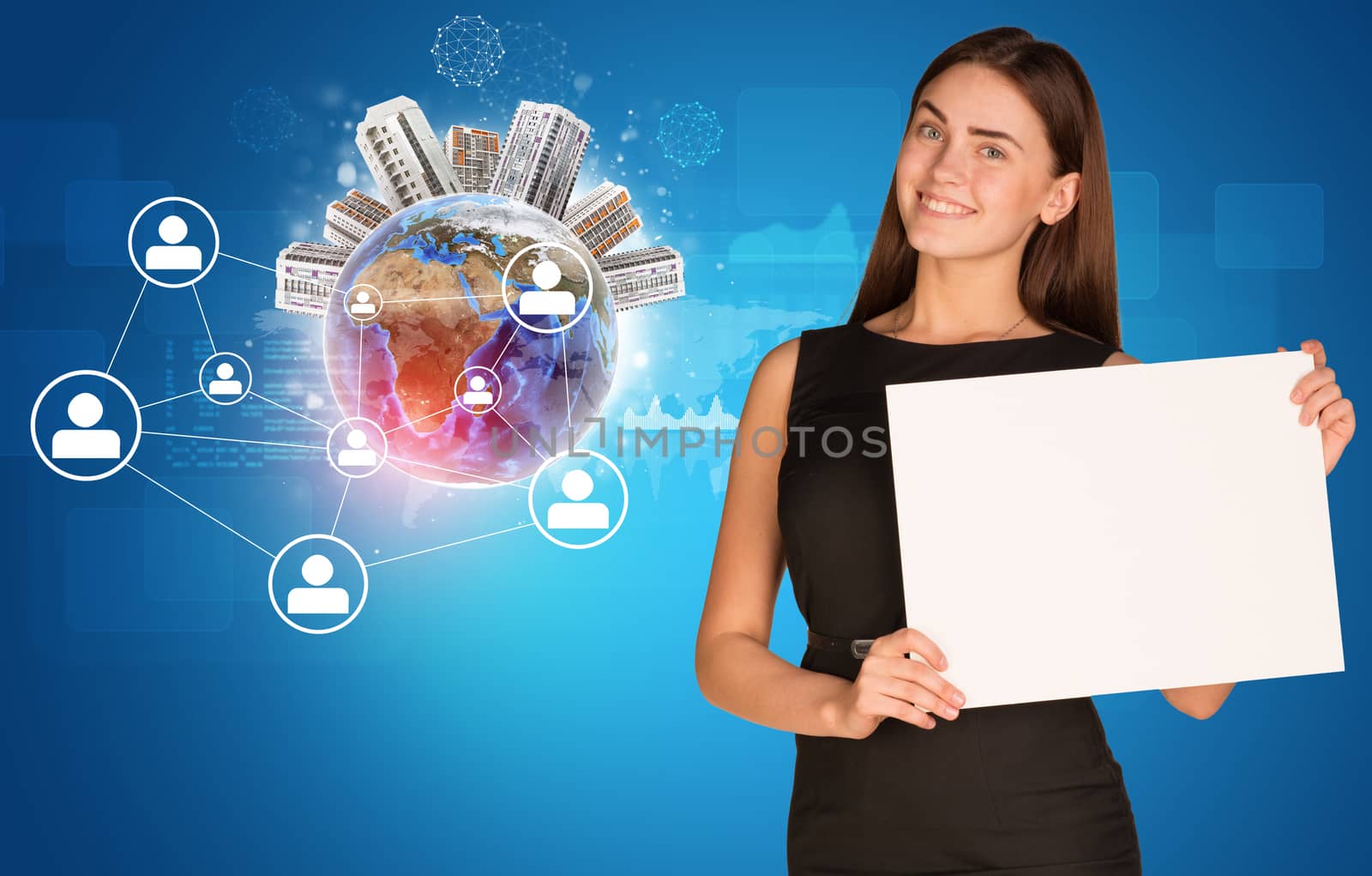 Beautiful businesswoman in dress holding paper holder. Earth with buildings and network in background. Elements of this image furnished by NASA