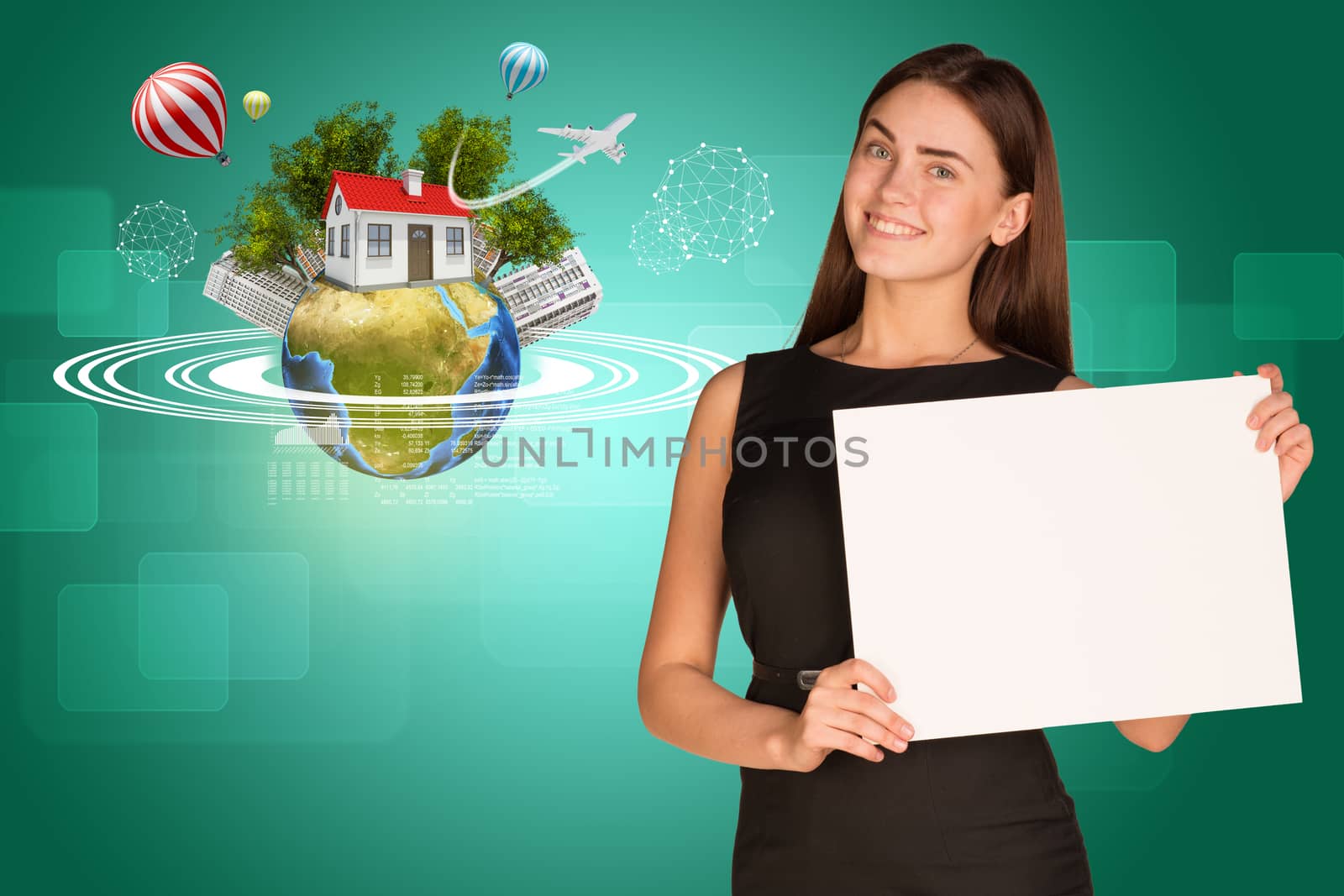 Beautiful businesswoman holding paper holder. Earth with buildings and trees by cherezoff