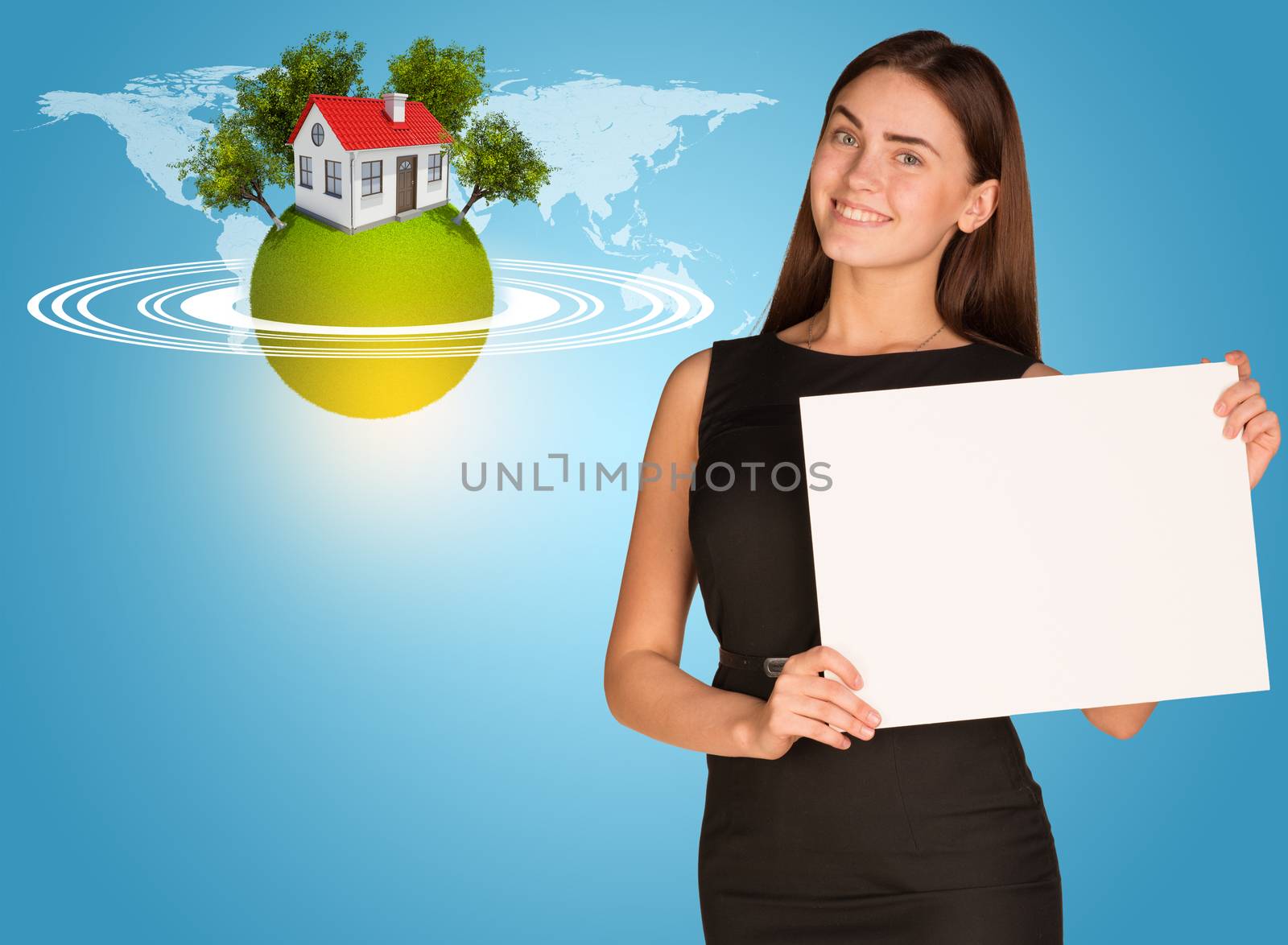 Beautiful businesswoman in dress holding paper holder. Earth with house and trees in background