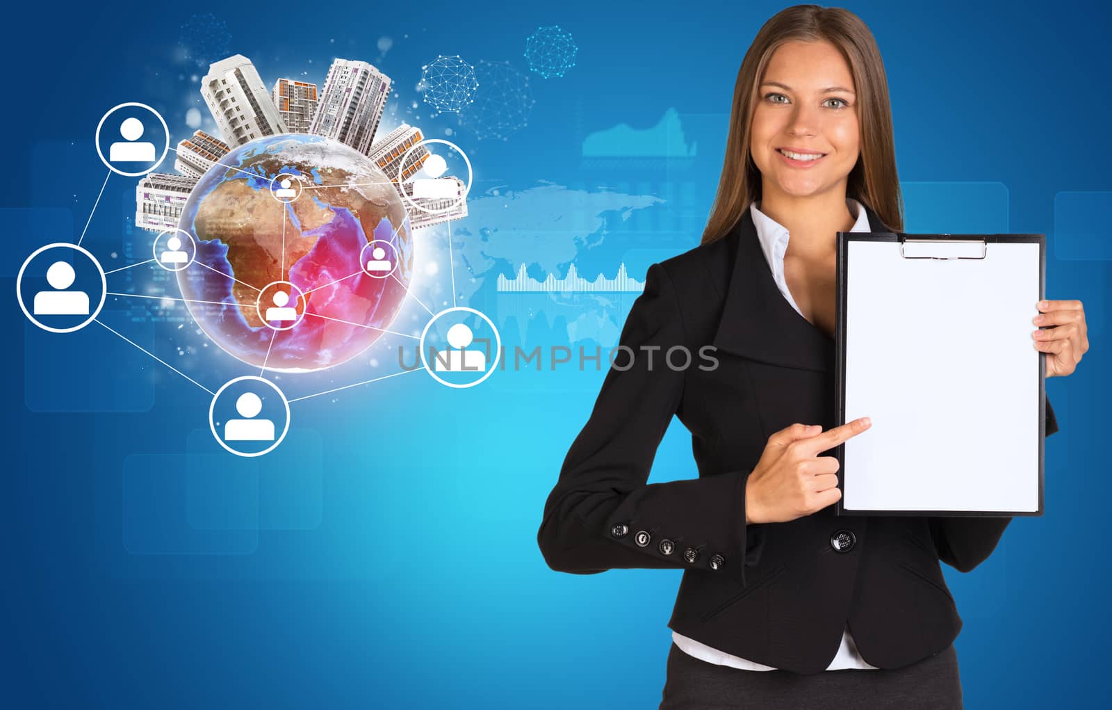 Beautiful businesswoman in suit holding paper holder. Earth with buildings and network in background. Elements of this image furnished by NASA