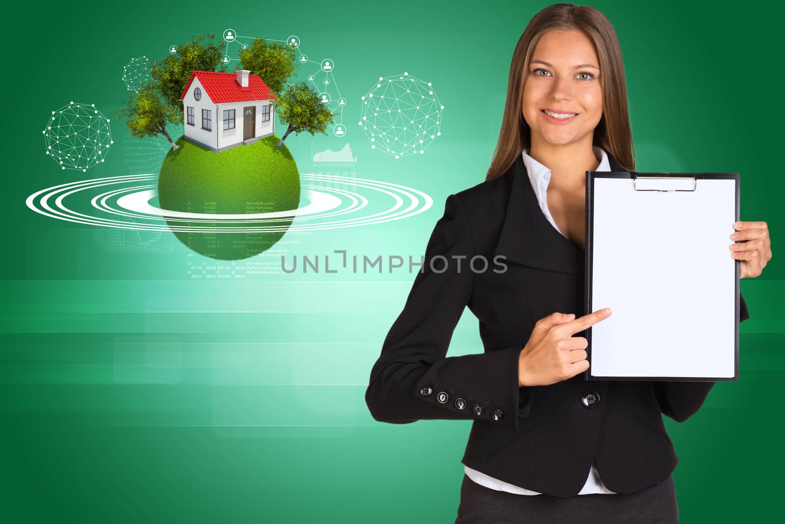 Beautiful businesswoman holding paper holder. Earth with house and trees by cherezoff