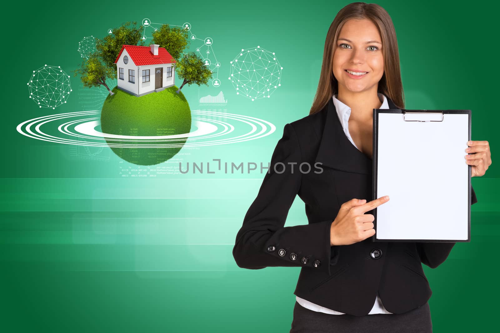 Beautiful businesswoman in suit holding paper holder. Earth with house and trees in background