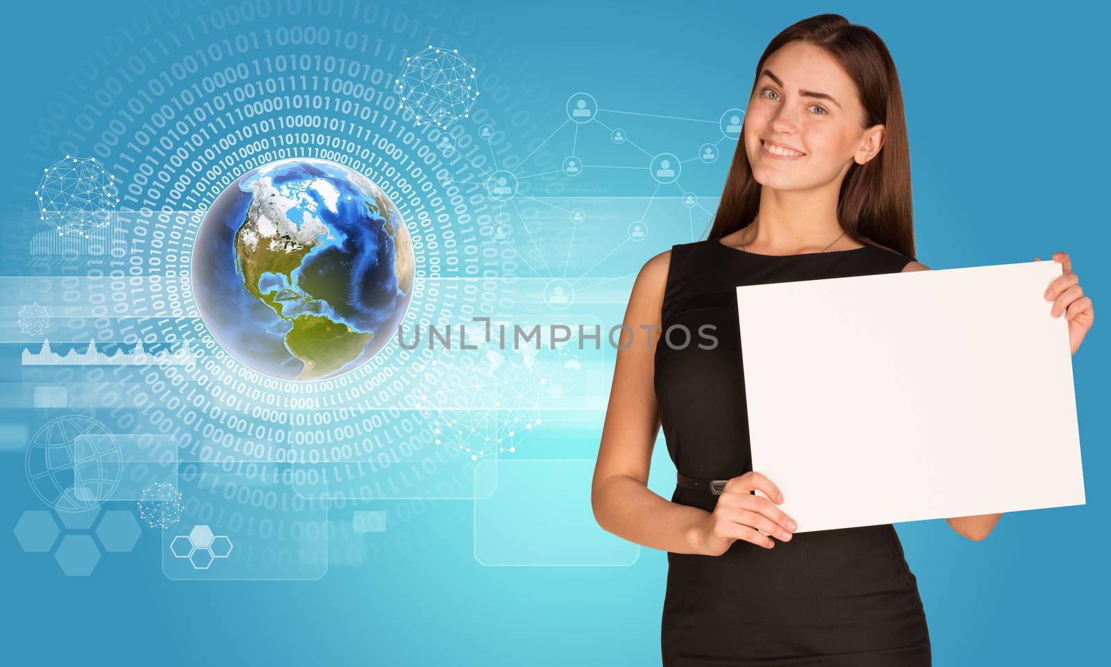 Beautiful businesswoman holding paper holder. Earth with figures and graphs by cherezoff