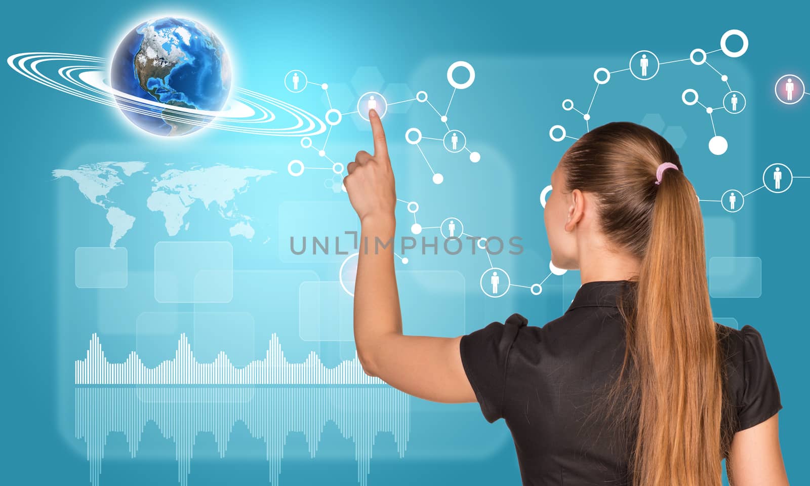 Businesswoman finger presses virtual network. Earth, network and graphs. Elements of this image furnished by NASA