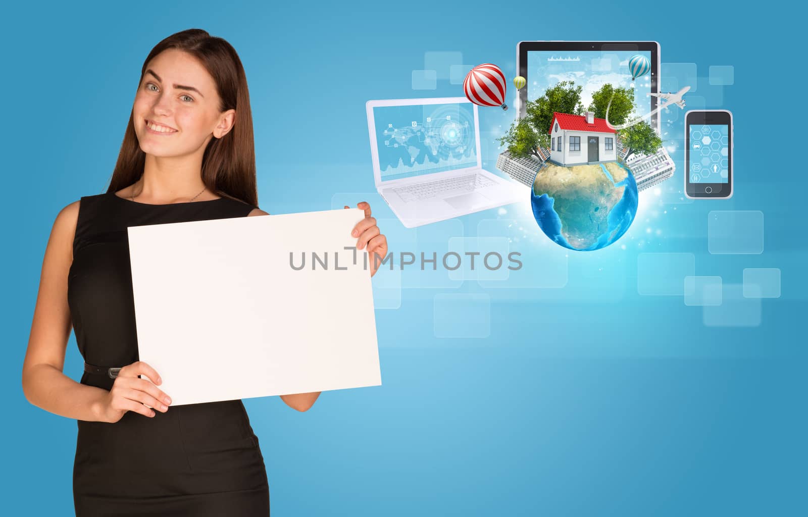 Beautiful businesswoman in dress holding paper holder. Electronics, Earth with buildings and trees in background. Elements of this image furnished by NASA