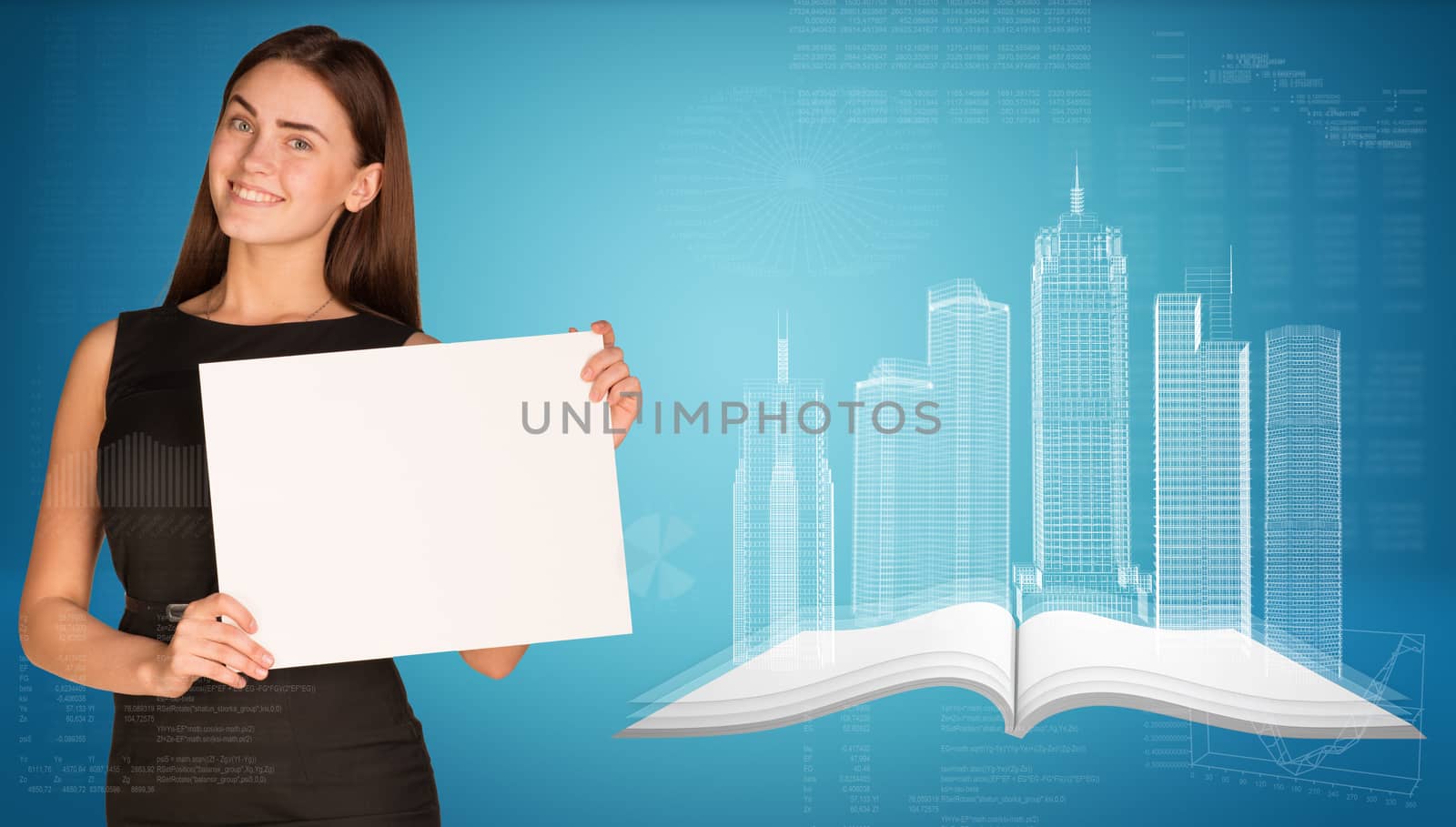 Businesswoman holding empty paper. Wire-frame buildings, open book, graphs with text rows as backdrop