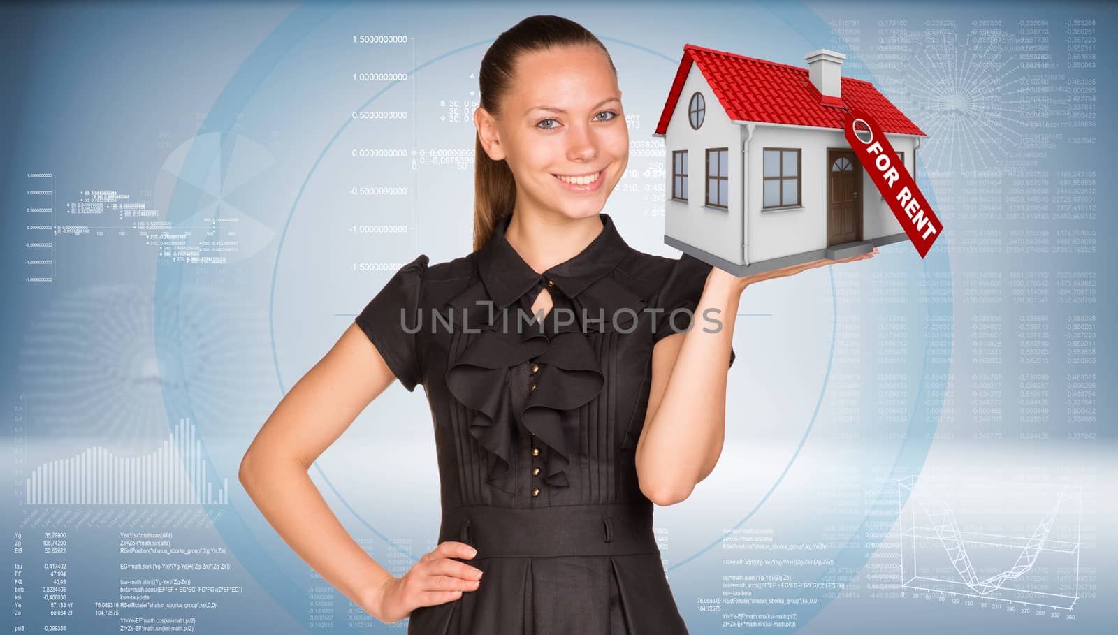 Businesswoman smiling and holding house in hand by cherezoff